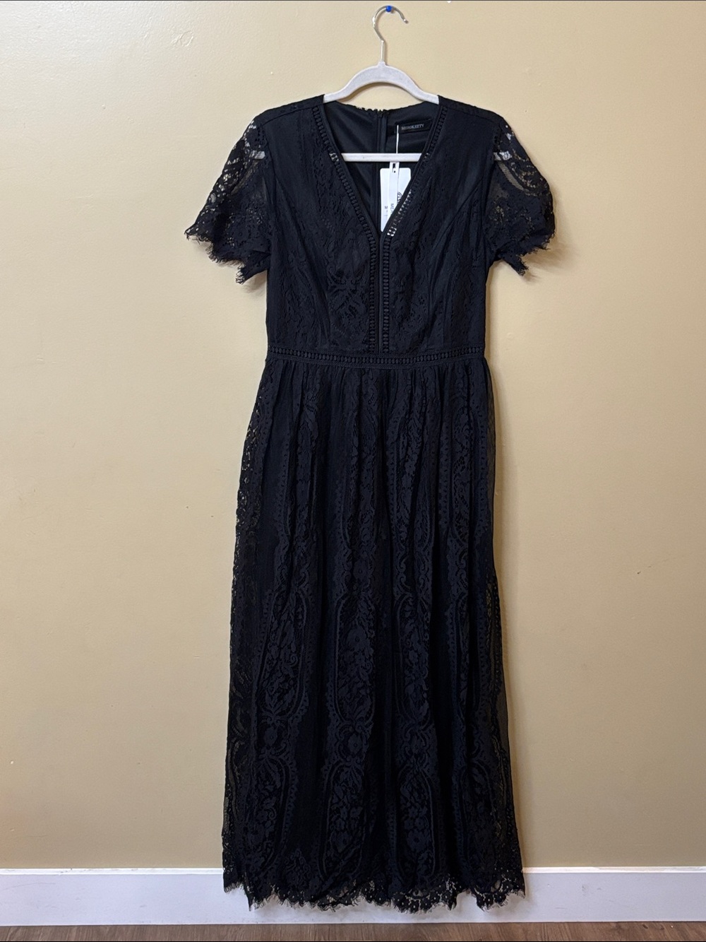 NWT MEROKEETY black V-Neck Short Sleeve Floral Lace Maxi Dress